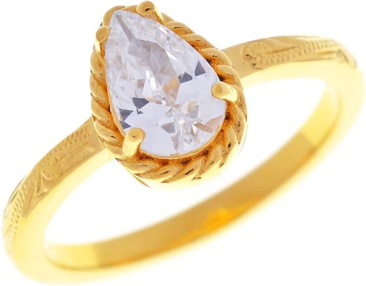 Piena ピエナ サージカルステンレス316L キュービックジルコニア ハワイアンジュエリー ペアシェイプ スクロール プルメリア リング レディース 9号( ゴールド)