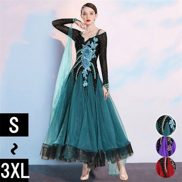 社交ダンス ワンピース モダンドレス 黒 大きいサイズ 長袖 社交ダンスドレス 紫 赤 社交ダンス衣装 緑 ダンス発表会 大きい裾 スタンダードドレス 競技着 練習着 演出用 ワルツダンス ダンス衣装