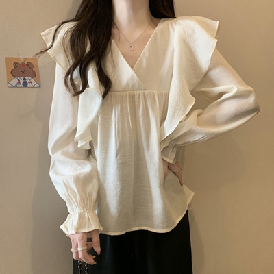 トップス シャツ ブラウス カットソー 袖あり 長袖 Vネック フリル 薄手 かわいい 大人可愛い きれいめ おしゃれ お洒落 レトロ 大人女子 こなれ感 無地 春 秋 10代 20代 30代 40代