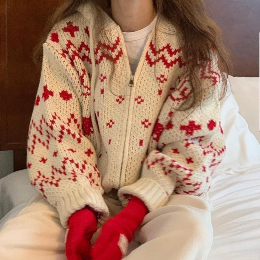 韓国ファッション レディース ニットカーディガン 可愛らしい ファスナーカーディガンフード付きニットセーター