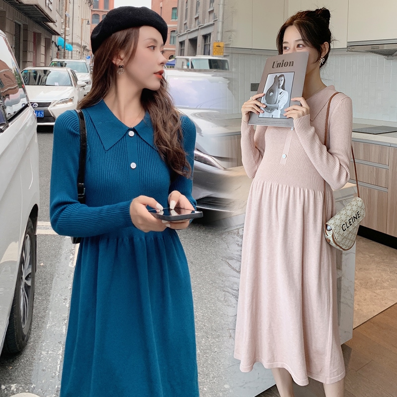 【送料無料】マタニティ ワンピース ニット 襟付き ストライプ リブニット 長袖 ハイウエスト 5,338円