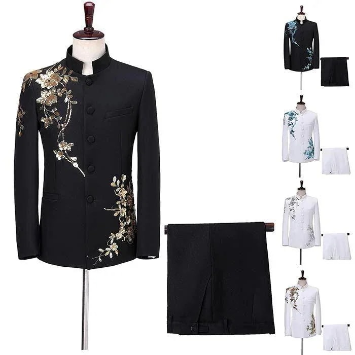 【急速出荷!】ステージ衣装 メンズ スーツ セットアップ 男性 ステージジャケット パンツ 上下2点セット スパンコール 立体花飾り 舞台衣装 キラキラ 忘 新 発表会 ダ30%までに制限