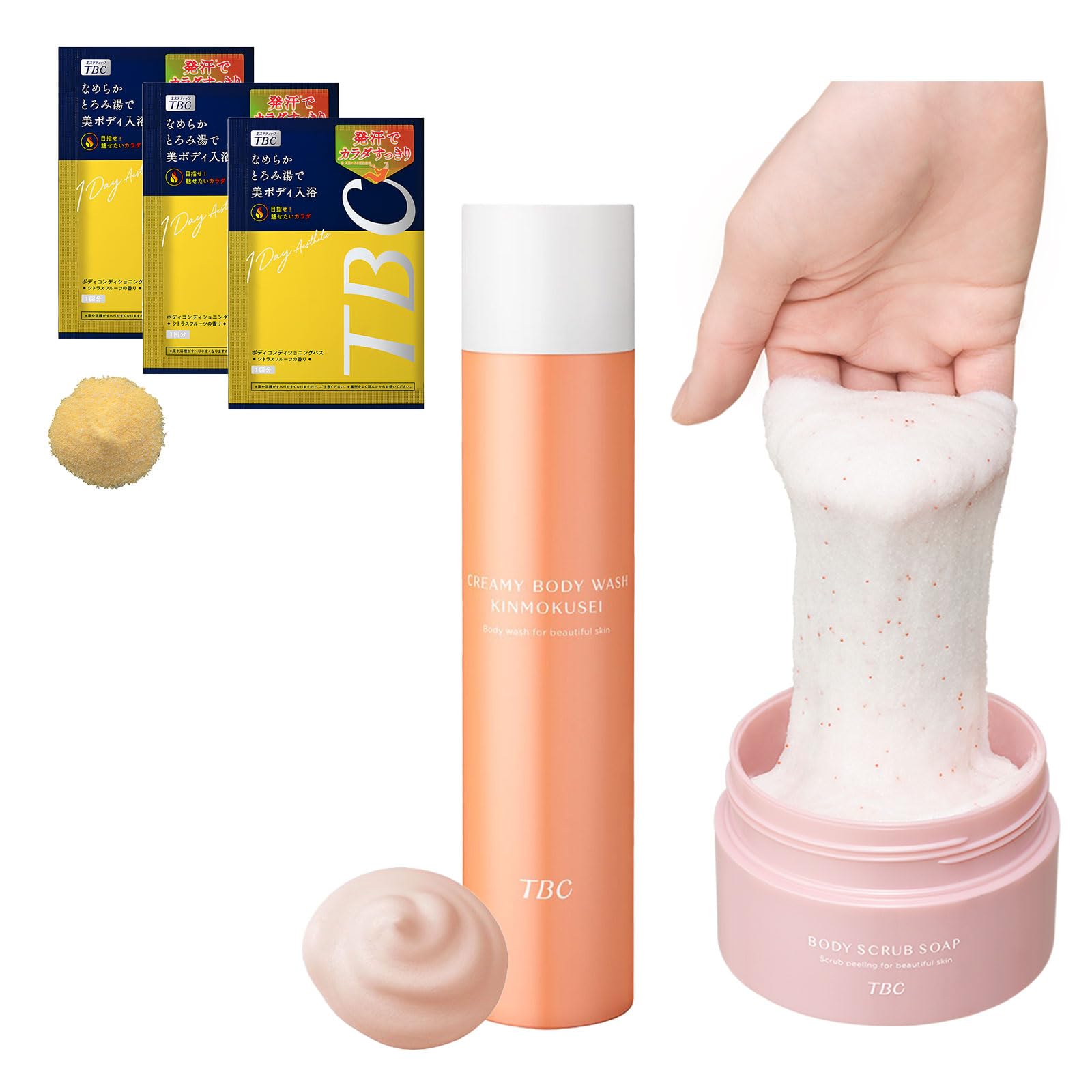 【キンモクセイ】TBC のび～るお風呂ケアセット【3種セット(ボディスクラブソープ・クリーミーボディウォッシュ キンモクセイ・ボディコンディショニングバス)】