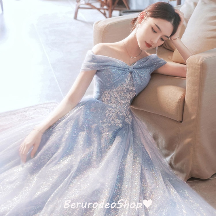 イブニングドレス オフショルダー ブルー ピンク 発表会ドレス ロングドレス ボートーネック リボン オシャレ 結婚式ドレス 二次会ドレス お呼ばれドレス 20代 30代 40代