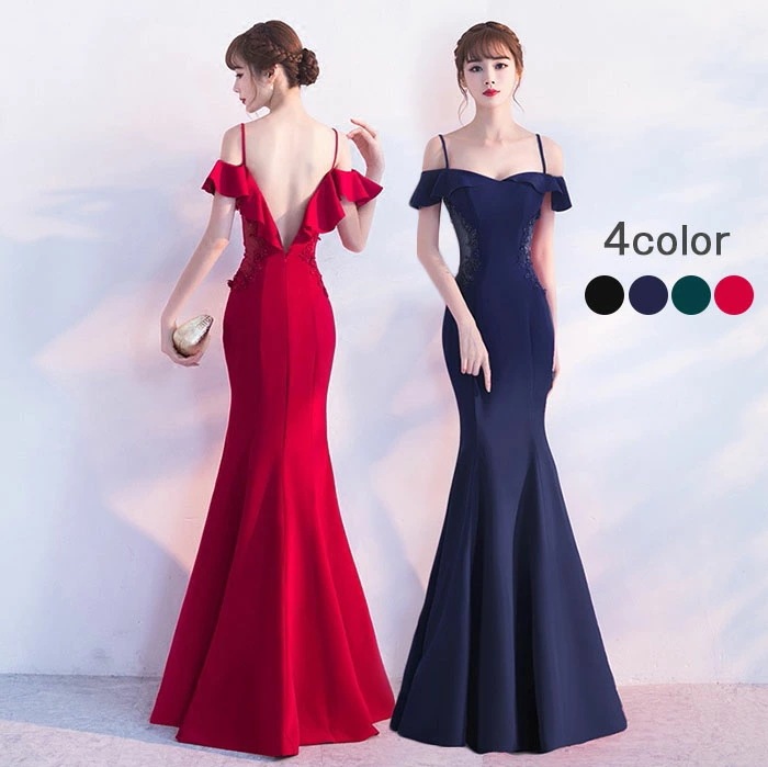 ロングドレス 母親 結婚式 演奏会 ドレス 大人 ピアノ 発表会 大きいサイズ 体型カバー 着痩せ イブニングドレス パーティー ワンピース 上品 オフショルダー ドレス マーメイドライン エブリ X