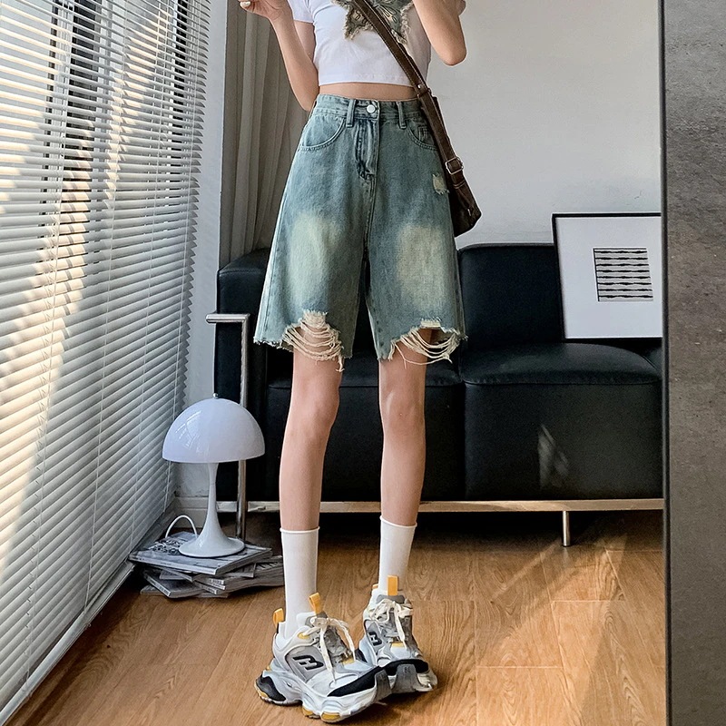 2024年夏 5セントデニムショートパンツ レディース ハイウエストストレート ノスタルジックブルー 5セントミッドパンツ カジュアル万能レザーブランド