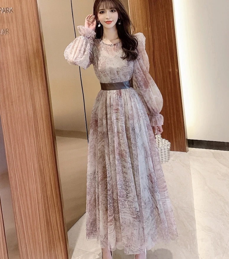 ドレス ワンピース ロングスカート フレアスカート ロング丈 袖あり 長袖 ボリューム袖 Uネック Aライン ベルト ハイウエスト かわいい 大人可愛い きれいめ 大人 上品 おしゃれ 大人女子 柄