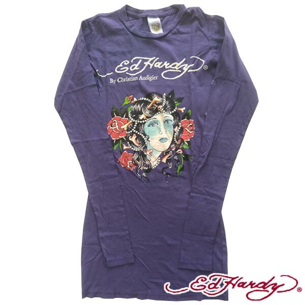 セール200種類の品揃え エドハーディー レディース チュニック Tシャツ 長袖 ロンT Ed Hardy ROSE WOMEN 薔薇 パープル ワンピース エドハーディー 正規品 LAセレ