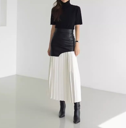 レディース スカート フレア マキシ アシンメトリー フレア プリーツ シフォン 透け感 切り替えデザイン バイカラー 配色 ドッキング フェイクレザー 薄手 かわいい 大人可愛い きれいめ シンプル