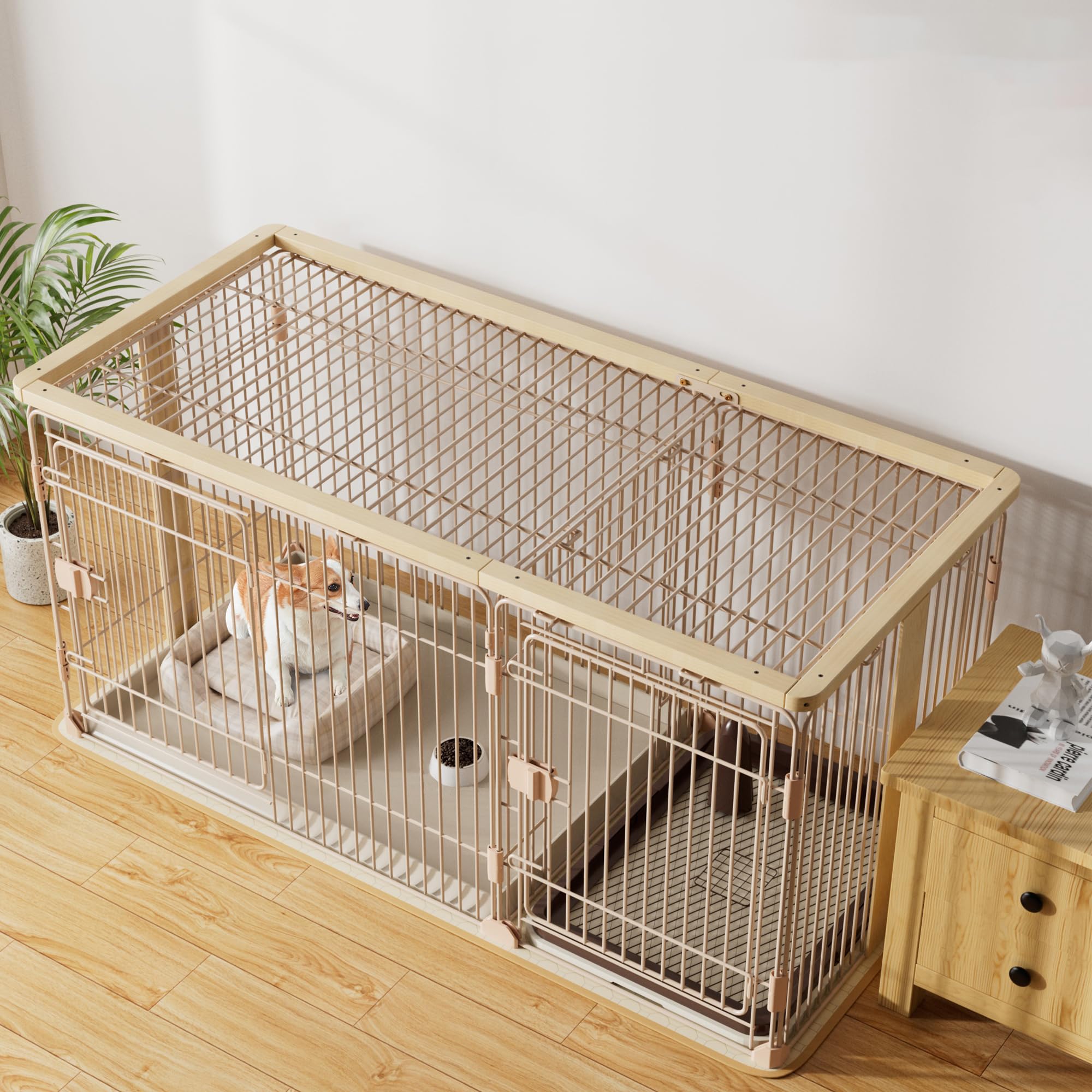 WWI 犬用 ケージ ペットサークル 犬 サークル 幅145*奥行き68*高さ70cm 室内サークル トイレトレーニング出来る しつけできる 犬トイレ&ペットマット付き 室内 お手入れ簡単 木製風 「