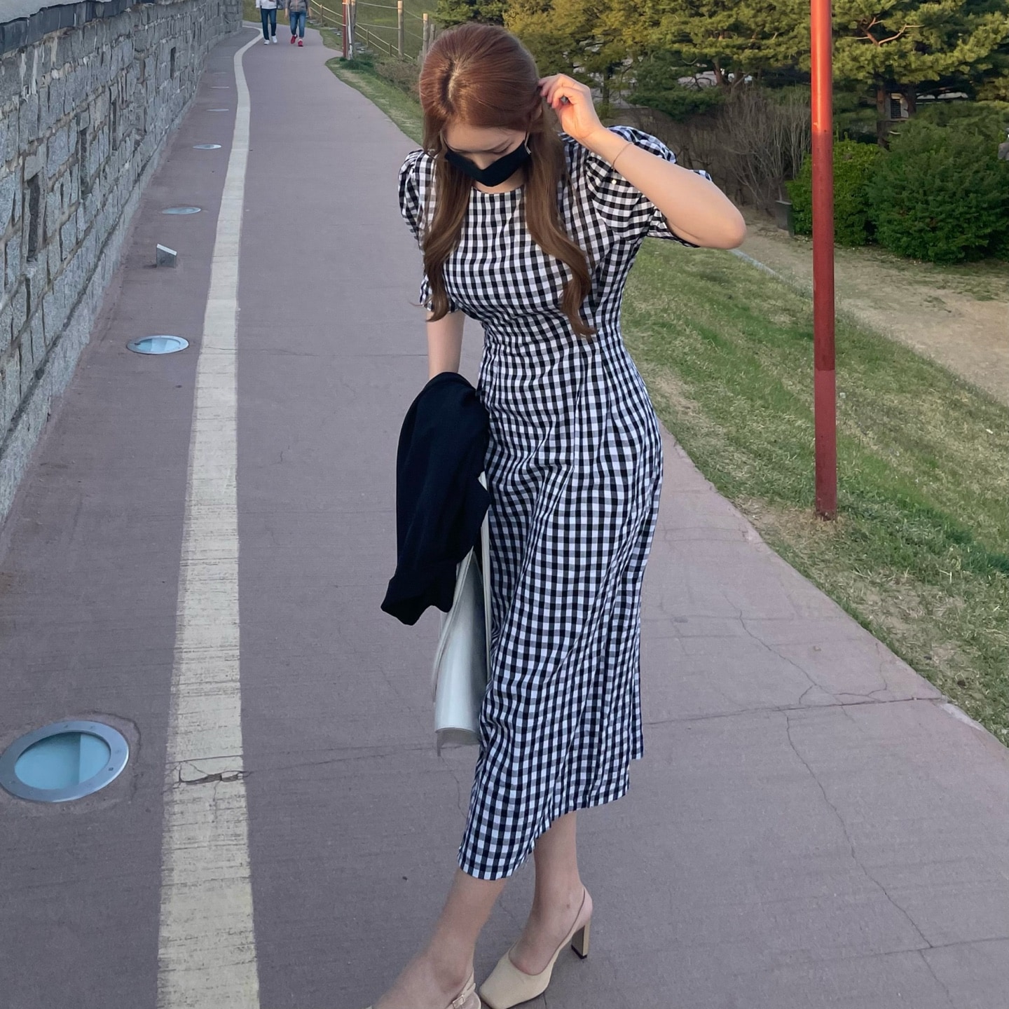 チェックバルーンパフ半袖袖下スリットスリムロングワンピース[デイリー/バカンスルック]