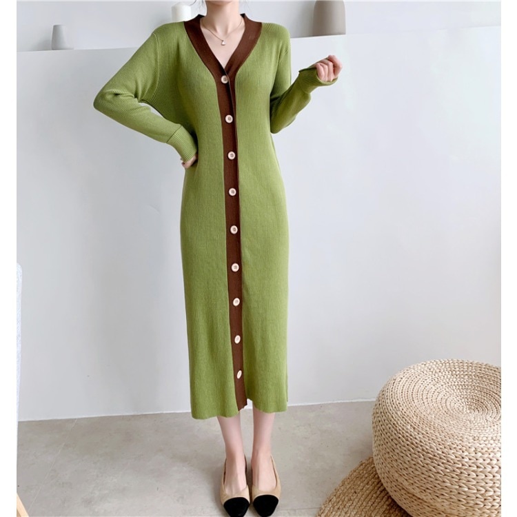 ワンピース 長袖 バイカラー パイピング Iライン シンプル ロング 韓国 TKOR0047