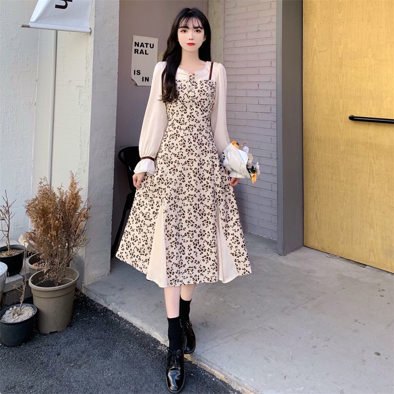 花柄ワンピース ホワイト ワンピース ミモレ丈 スリム 細身 ストレート スマート かわいい