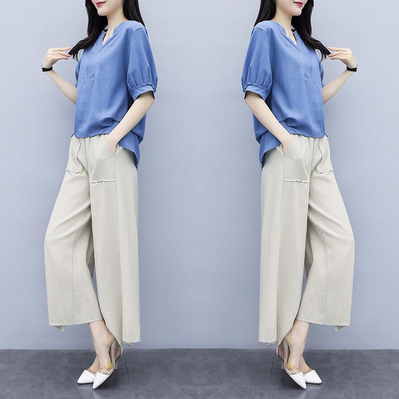 セットアップ レディース シャツ ブラウス ガウチョパンツ 着痩せ 九分丈 体型カバー 大きいサイズ 上下セット カジュアル トップス