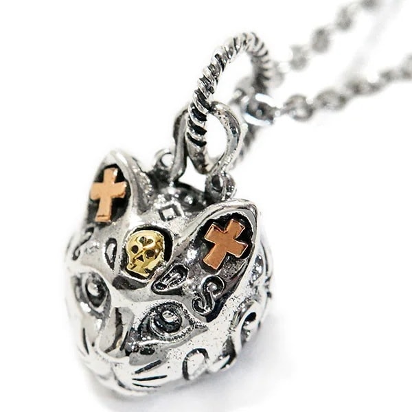 猫 キャット 十字架 クロス 髑髏 スカル ゴールド メンズ シルバー925 ペンダント ネックレス