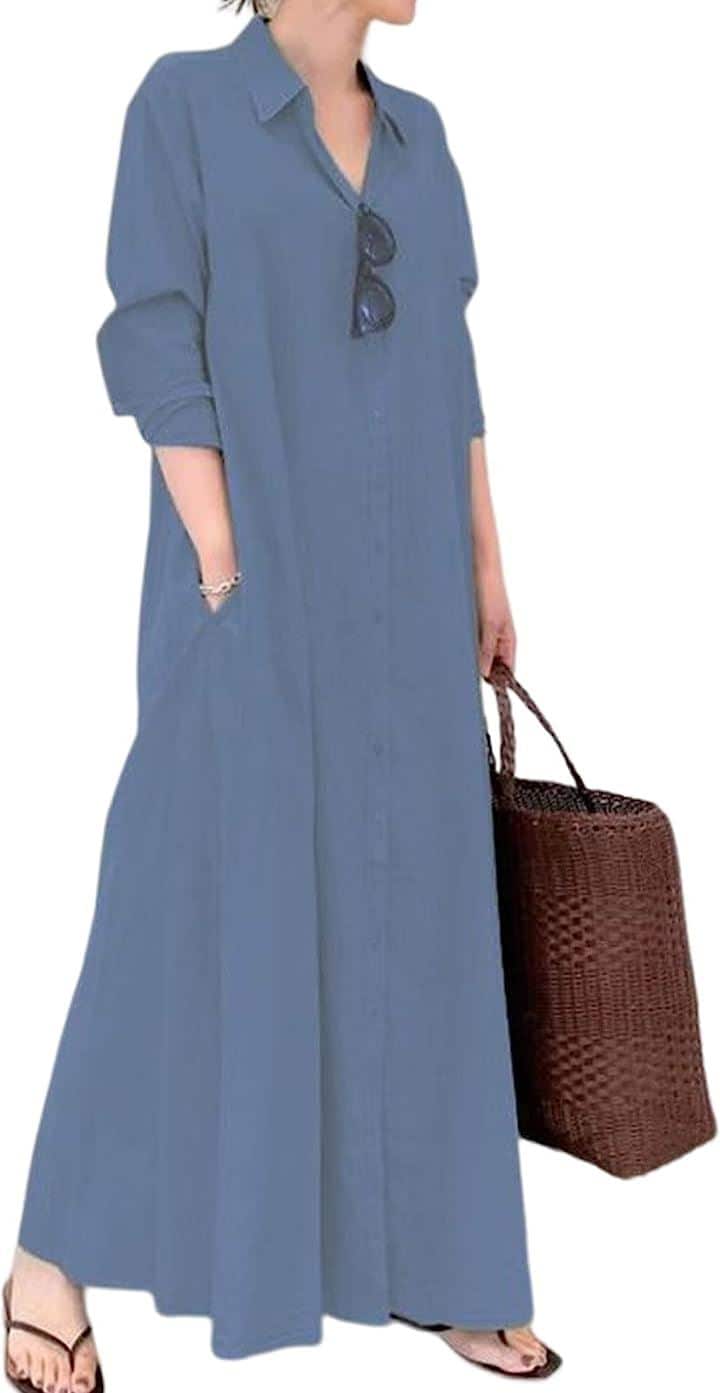 シャツワンピース レディース 長袖 マキシ丈 ロングワンピース( ブルー, 2XL)