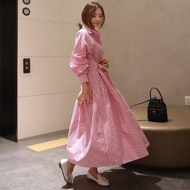レディース シャツワンピ ロング 大きいサイズ シャツワンピース 長袖 ストライプ ウエストリボン Aライン マキシ丈 襟あり