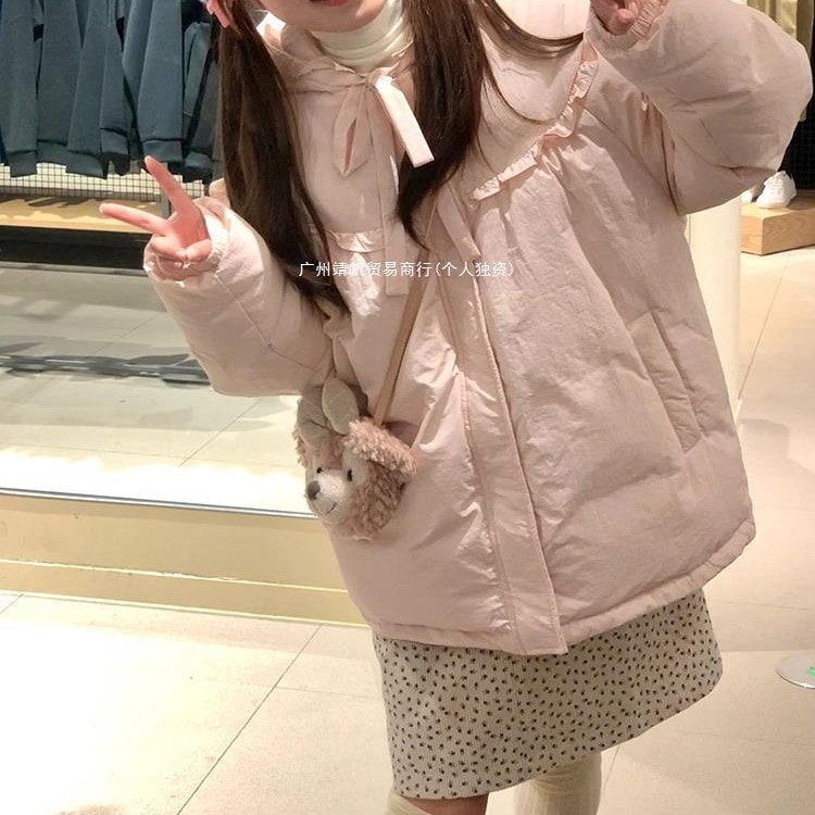 ミルクフフピンク綿コート女性用防寒着暖かい厚みのあるフード付きレースストリーマー通勤綿コート