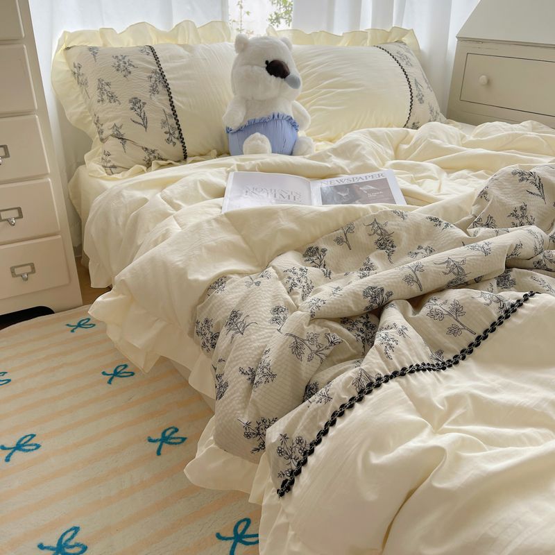 洗い綿 レース 夏布団 柔らか 快適 機洗可能 布団セット 薄い 掛け布団 エアコンキルト 寝具 布団/シーツ/枕カバー 4点セット