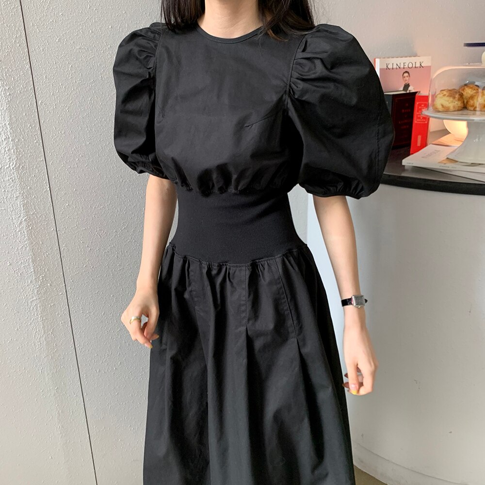 2color ワンピース ワンピース ロング丈 膝下 マキシ マキシ丈 ラウンドネック パフスリーブ