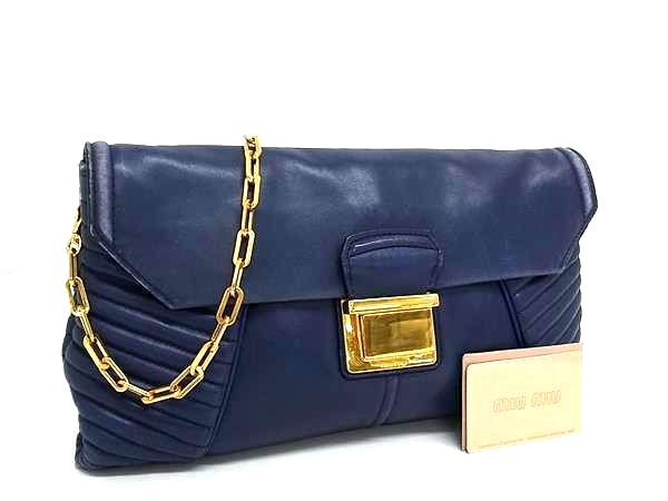 ミュウミュウ クラッチバッグ ナッパ バイカー レザー RP383B 2WAY ショルダーバッグ チェーン ゴールド金具 ブルー系 ハンドバッグ ショッピングバッグ【本物保証】
