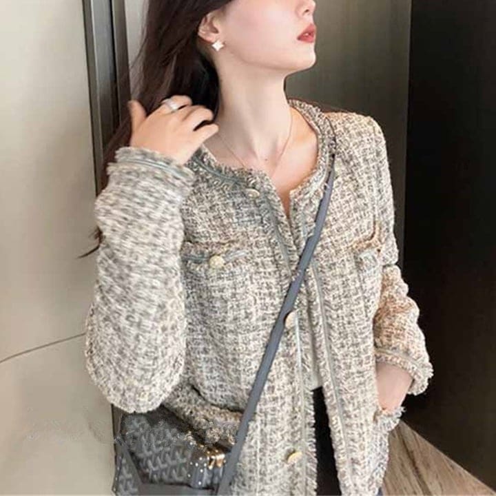 ジャケット レディース ノーカラージャケット チェック フリンジ カラフル ツイード メタルボタン クルーネック ショート丈 パフスリーブ バイカラー アウター ミディアム丈 lout0056