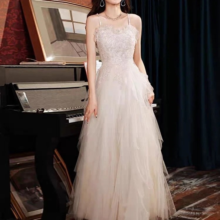 スリングシャンパンカラーイブニングドレス女性宴会気質誕生日式典ホストドレス