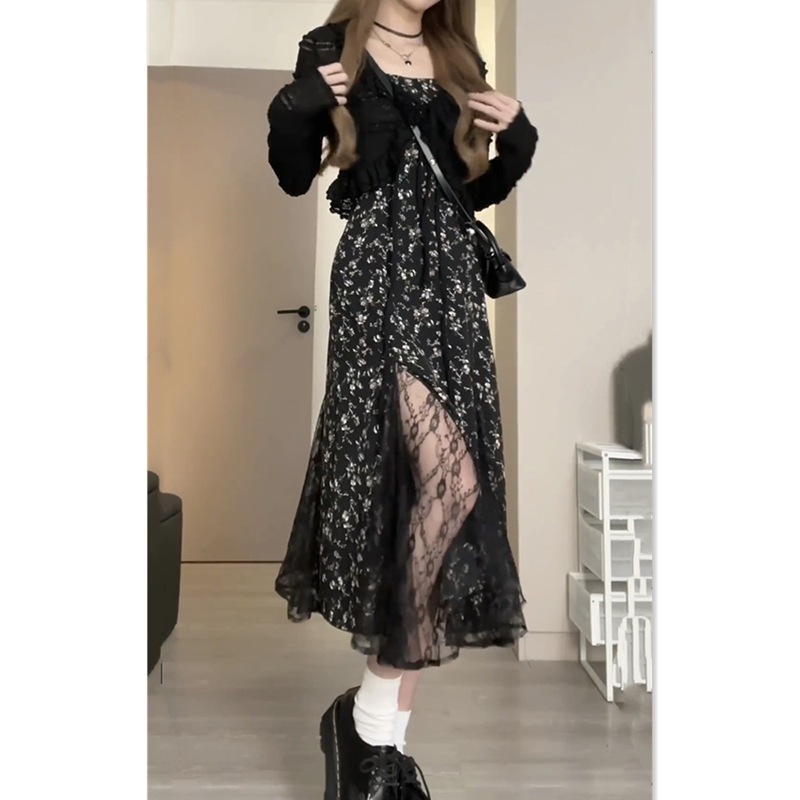 フレンチブラック花柄ワンピースレディースサンセットワンピースサスペンダーカーディガンツーピース甘辛スカートスーツストリートロングスカート