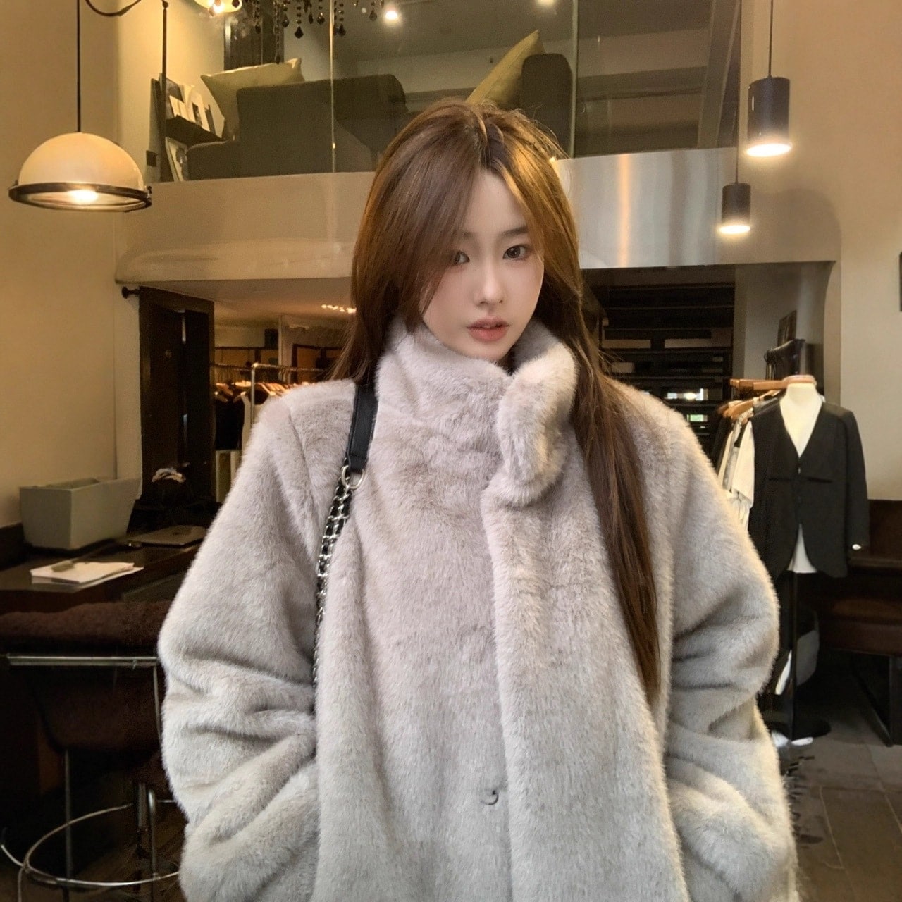 加厚保温グレーエコファーアウター レディースロングコート フェイクファーファー・毛皮アウター