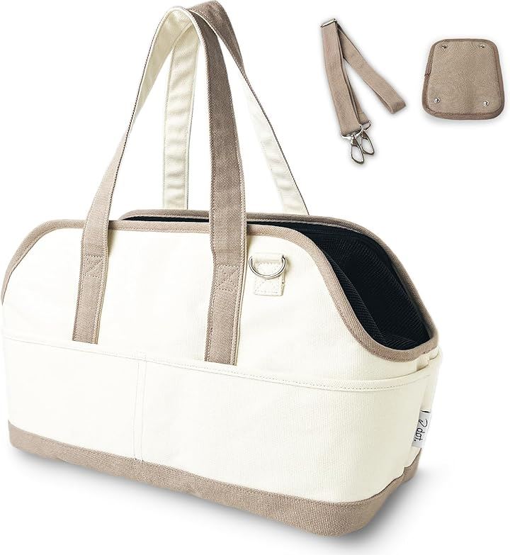 ペット キャリーバッグ 犬 猫 ペットキャリー トートバッグ 小型犬 帆布 ショルダー 顔出し キャンバス 犬用(生成り x グレージュ, L(46L x 23W x 34H cm))