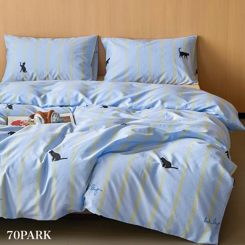 ブルー キャット ストライプ 布団カバーセット 全2種 ベッドカバー 猫 ベッドシーツ セット ベッドリネン おしゃれ 韓国インテリア 韓国雑貨 韓国っぽ インテリア雑貨