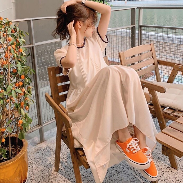 ワンピース レディース ロングワンピース S M L XL 韓国 Aライン ラウンドネック 半袖 ロング ロング丈 かわいい 大人可愛い きれいめ 上品 フェミニン おしゃれ お洒落 お嬢様 おとな