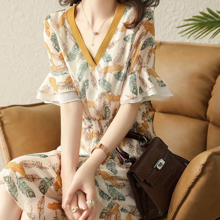 ワンピース レディース 半袖 S M L XL 2XL 韓国 Vネック シフォン かわいい 大人可愛い きれいめ 上品 エレガント 清楚 フェミニン おしゃれ お洒落 綺麗 お嬢様 おとな ナチュラル