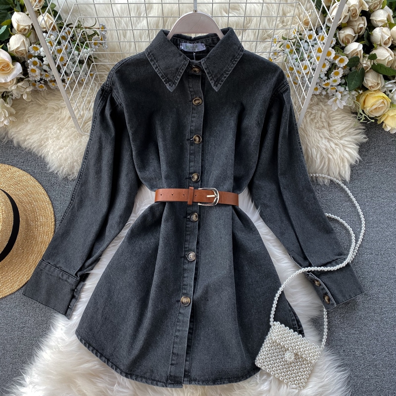 ワンピース レディース デニムワンピース ミモレ丈 袖あり 長袖 襟つき 厚手 前開き