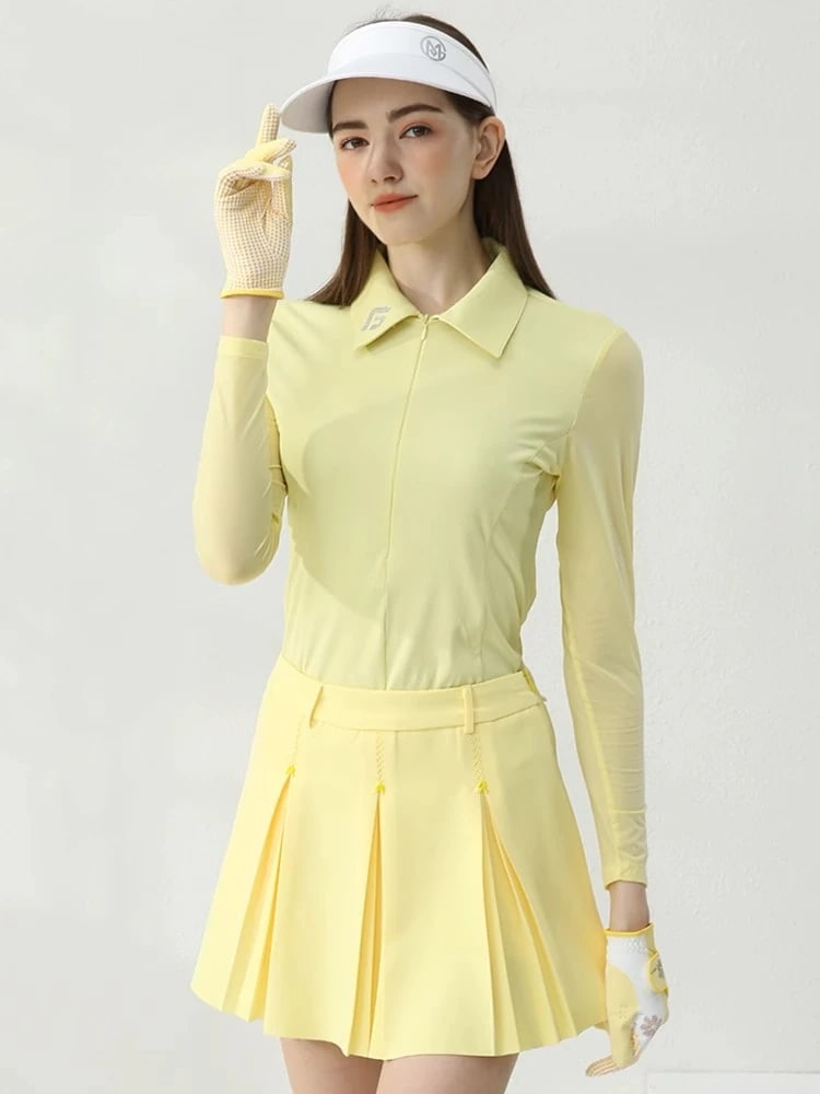 ゴルフウェア レディース スポーツウェア 冷感長袖 薄手 日焼け止め POLOシャツ Tシャツ スカート 上下セット 白黄色パープル プリーツスカ 春夏 速乾 女性 テニスウェア 韓国風 おしゃれ
