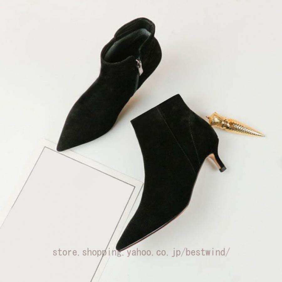 2025新品 数量限定 ショートブーツ 華奢 ピンヒール キトゥンヒール ポインテッドトゥブーツ レディース 牛革スエード ブラック グレー 秋 冬 ブーツ サイドジッパー 履きやすい 短納期
