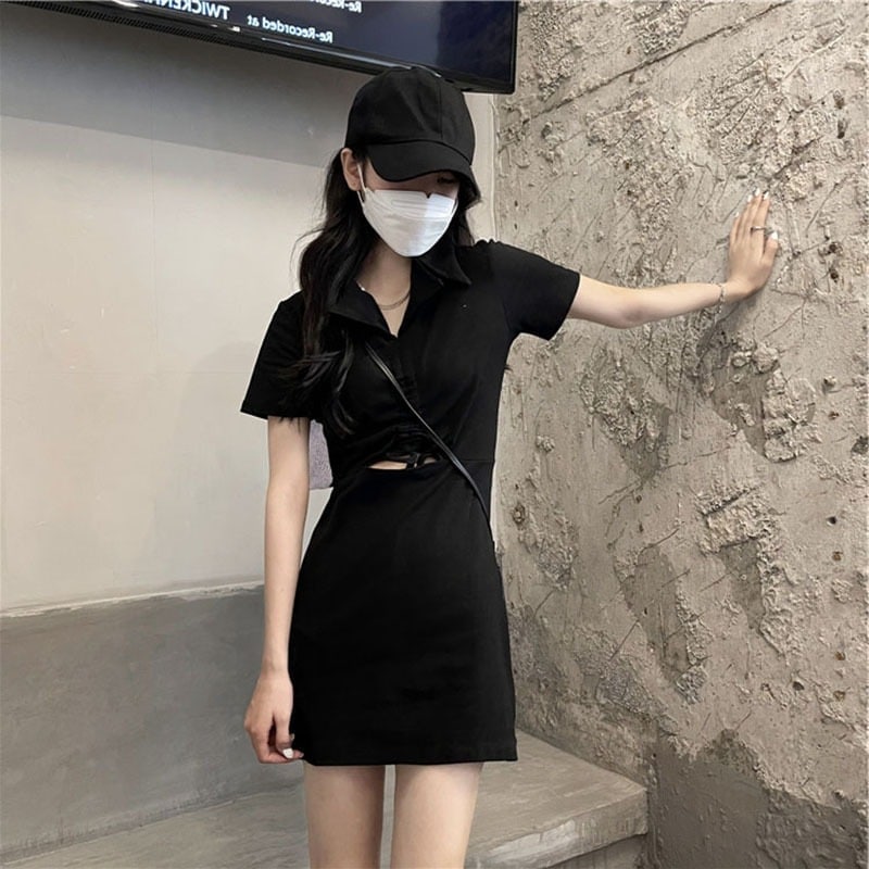 人気新作 23サマードレス気質スリムフィットとスリムティーブレイクレトロスモールブラックニットドレス 便利！2wayワンピース2966