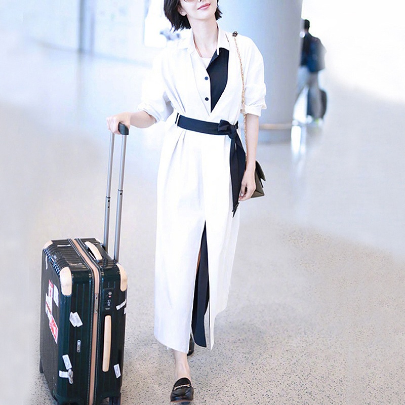 2025年春秋の新作 ゆったりベルトワンピース ミディアム丈 気質シャツ シフォン ウィンドブレーカーワンピース レディース