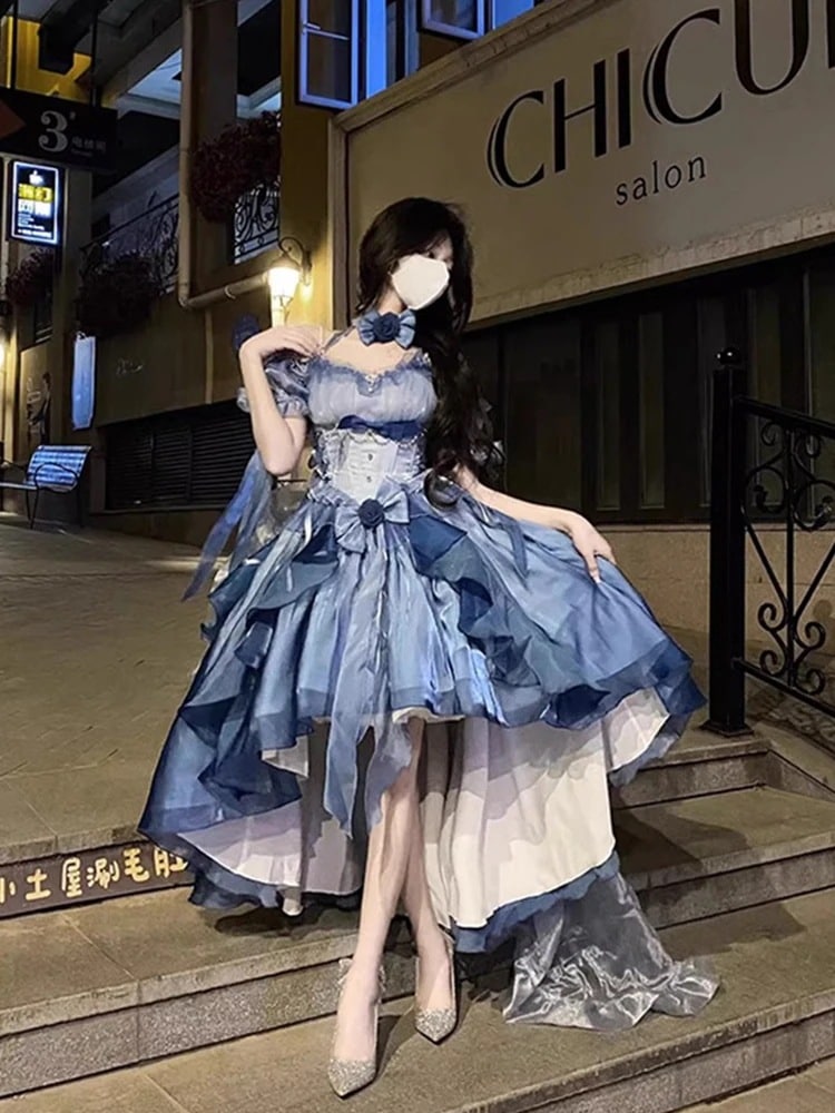 【激安本日限定】ロリータ ワンピースセレモニーブルー ウェディングドレス ロリータドレス ゴージャススタイル ロリータ重工業 テールふわふわプリンセスドレス