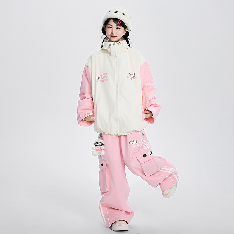 かわいいクマちゃん スノーボードウェア 2025 2026 ピンク クリームベージュ パッチワーク スノパンツ レディース スキーウェア スノボウェア コート スキー