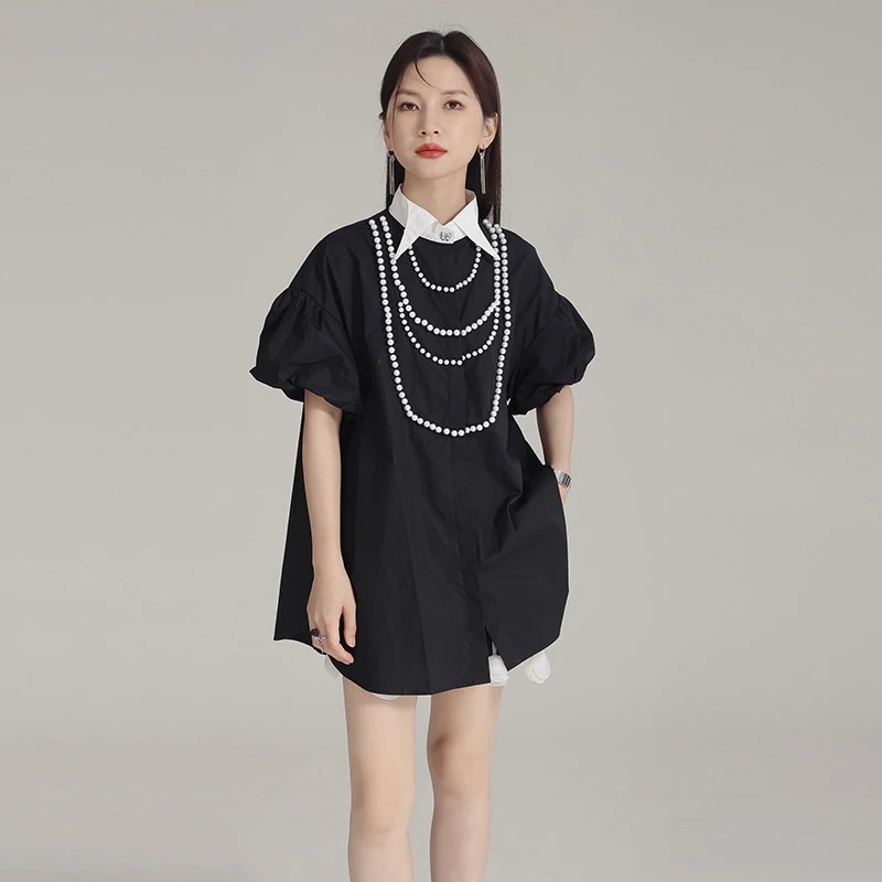 フランス式バブル袖真珠飾りカーディガンシャツレディース夏服新型コントラストカラー通勤シャツ 長袖ブラウス