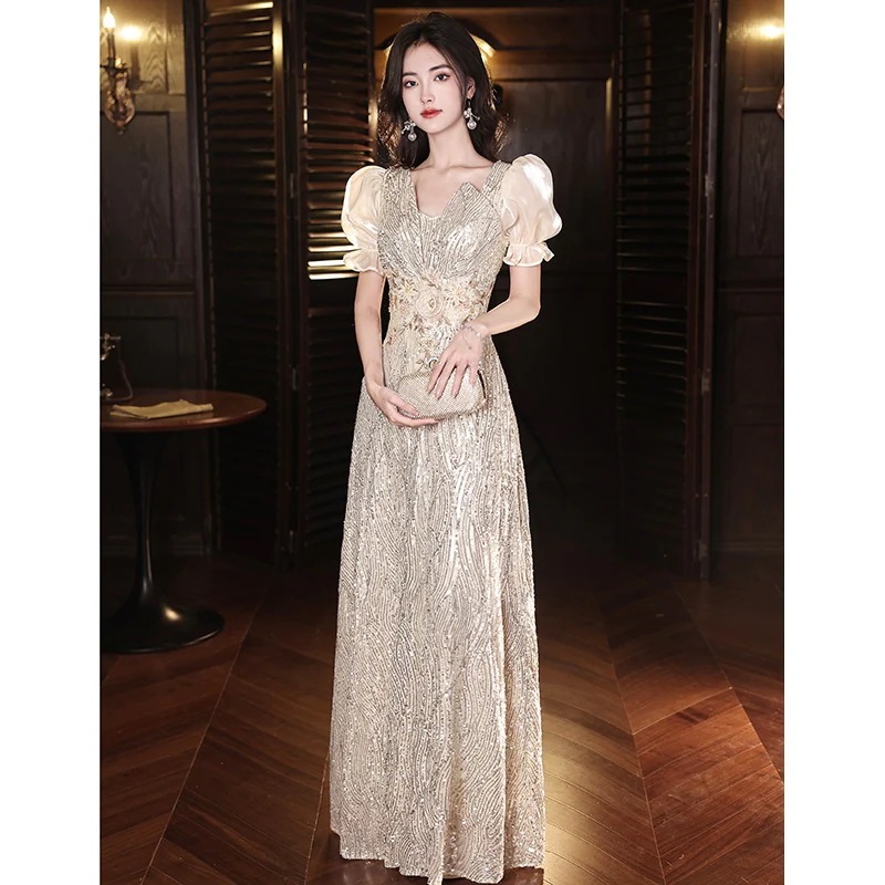 【1つ買うと10つ無料】女性のためのスパンコールドレス長いハイエンドのセンスホスティングバンケットパーティーパーティースプリング