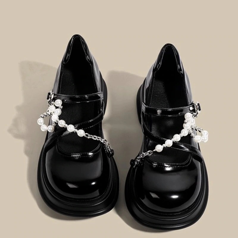 厚底 ローファー メリージェーンシューズ 身長アップ おしゃれ 百掛け キャンパス風 パール チェーン 疲れない 靴 レディースパンプス30%制限