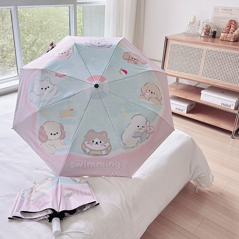かわいい子猫と犬の日傘全自動日よけuvカット晴雨兼用折りたたみ傘インビニールサンシェード