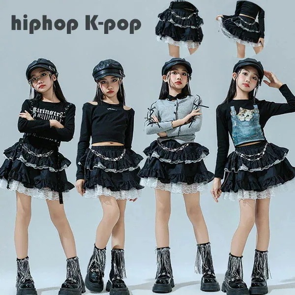 2026年初の販促ダンス衣装 女の子 ダンススカート ブラック ティアードスカート かわいい スカート キッズダンス 運動会 応援団 練習着 舞台 団体服 演出服 黒スカート ドラムショー 公演服 チ