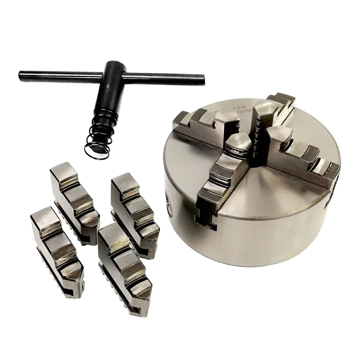 旋盤チャック 四爪 125mm スクロールチャック 一体爪型 4ジョー旋盤 チャック 逆爪4個セット チャックハンドル付 旋盤部品 ピンレバー付き