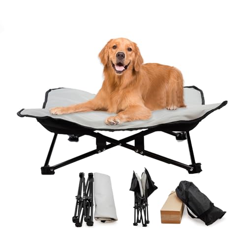 LuckyCode ドッグコット ペットコット 犬用コット 90x90cm 犬用キャンプベッド 折りたたみ 犬用ベッド 洗える 軽量 コンパクト 通気性 ライトグレー ペット用品 ペットベッド アウト