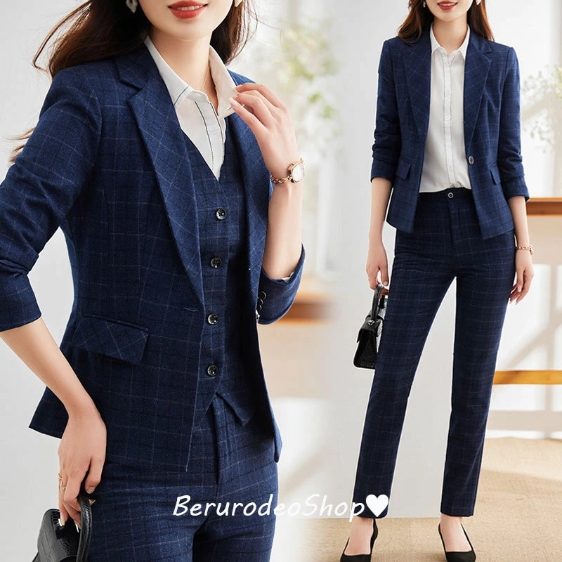 スーツ レディース ネイビー 2点セット パンツスーツ チェック柄 フォーマル 通勤 OL オフィススーツ ビジネススーツ 紺色 3点セット ジャケット ズボン ベスト 大きいサイズ 30代 40代