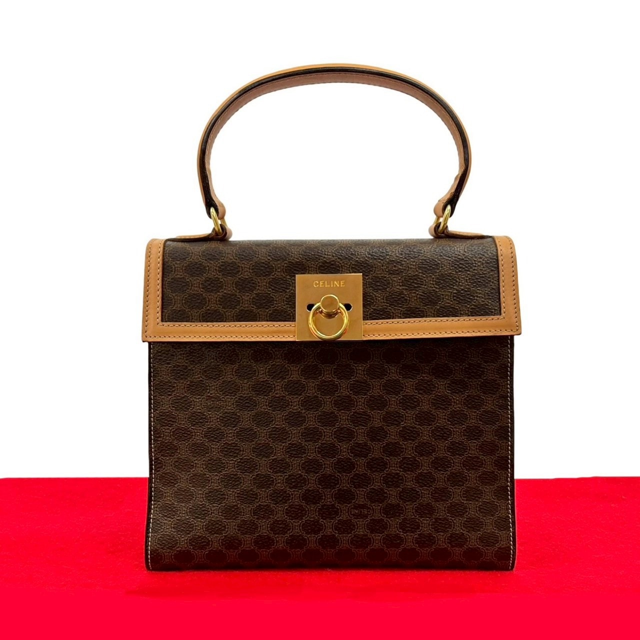 ヴィンテージ マカダム 柄 ロゴ リング金具ハンドバッグ レザー PVC ブラウン 11767