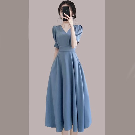 ドレス 衣装 パーティードレス 膝丈ドレス 演奏会用ドレス 発表会ドレス 舞台衣装 フォーマルドレス ワンピースドレス 膝下 袖あり 半袖 Vネック Aライン フレア ウエストマーク 個性的 ブルー